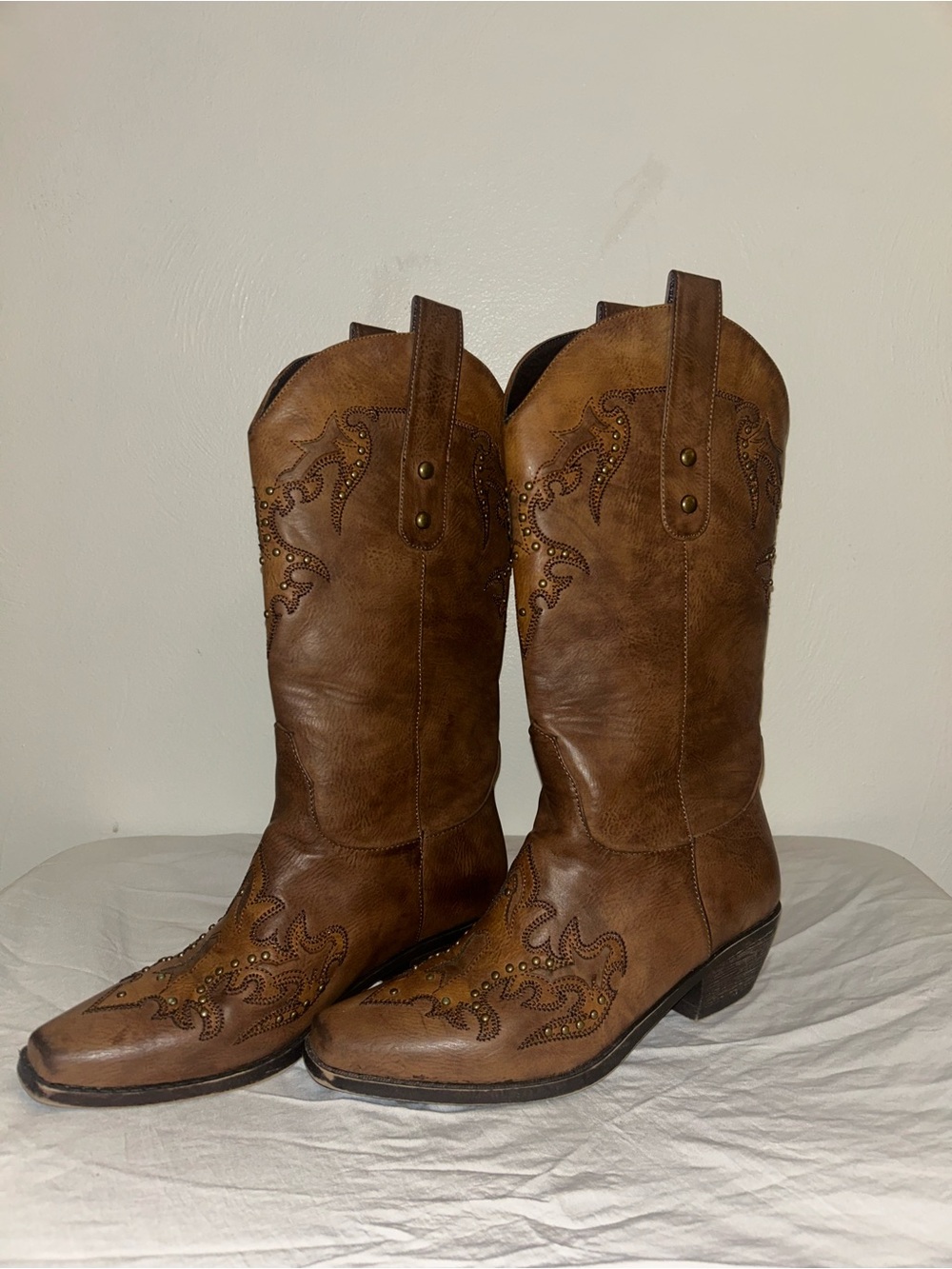 AdTec Western Cowboy Boots Brown Leather Embroidered